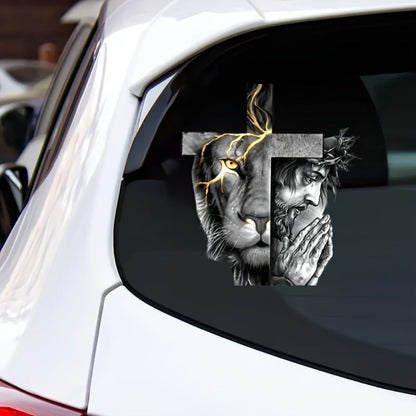 Two-Piece Lion-and-Cross Decal Set with Black-and-Gold Portrait Artwork for Vehicle or Flat Surfaces