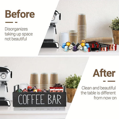 Wooden Coffee Bar Organizer with Farmhouse Sign and Rectangular Tray for Pods, Sugar, Creamer and Countertop Accessories
