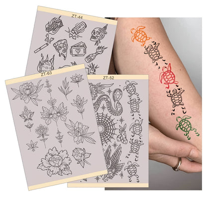 Tattoo Transfer Paper 3 Sheets, Pre-Drawn Stencils with Floral, Paisley, Spiderweb, Snake & Pizza Designs
