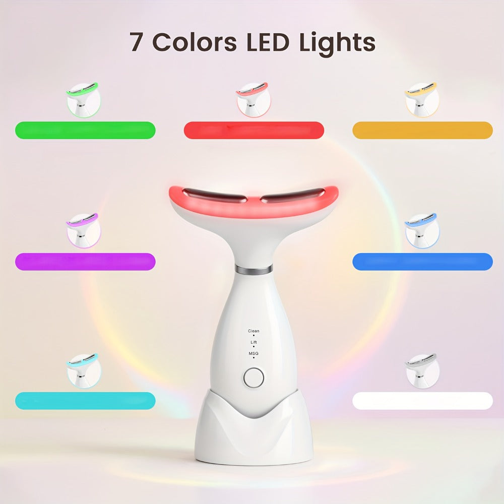 LED Neck Massager 7-Color Light Therapy Vibrating Face & Neck Device, USB Rechargeable Portable Electric Facial Massage Tool Beauty Gift