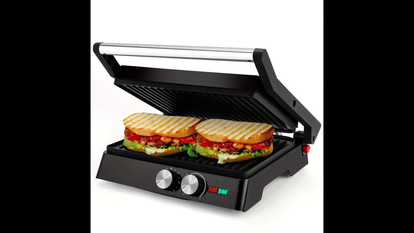 Panini Press Grill 3-in-1 Electric Indoor Grill with Non-Stick Plates - 180° Flat Grill for Entryways, Bedrooms and Living Spaces