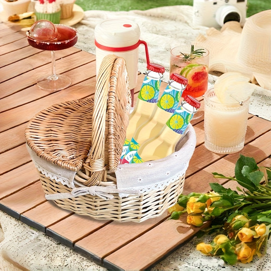 Covered Wicker Picnic Hamper with Twin Lid Panels in Red Plaid or Daisy Pattern Textile Styles