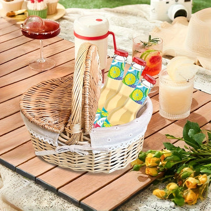 Covered Wicker Picnic Hamper with Twin Lid Panels in Red Plaid or Daisy Pattern Textile Styles