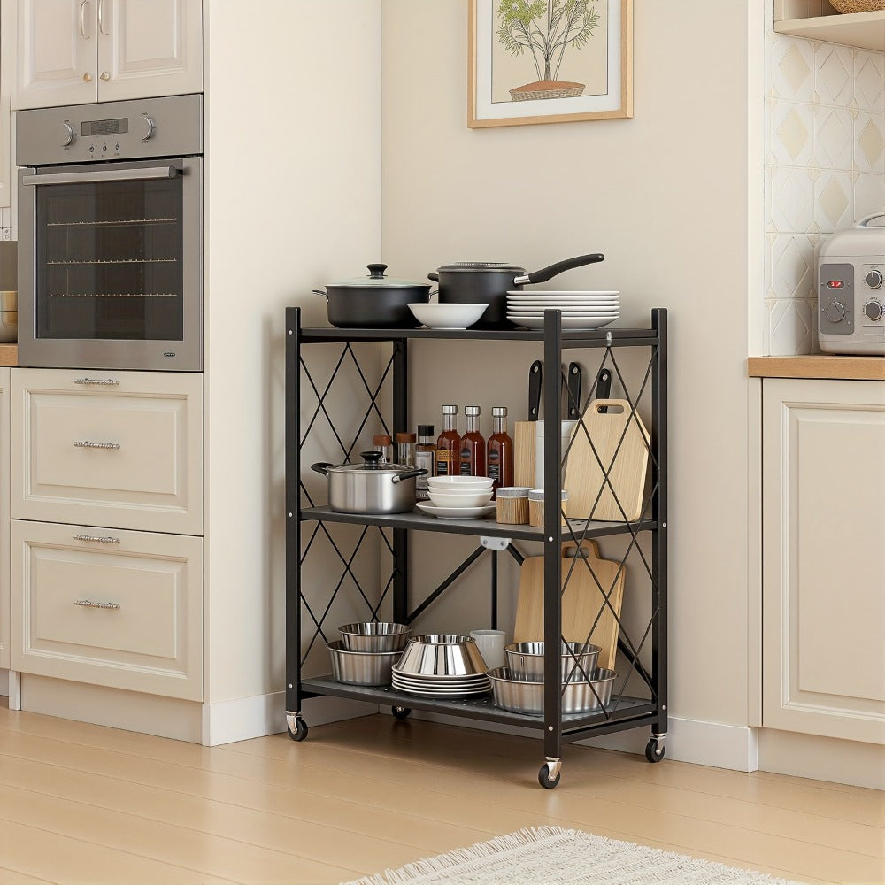 Three-to-Five-Tier Foldable Storage Rack with Carbon Steel Frame, Lockable Wheels and Three Colors