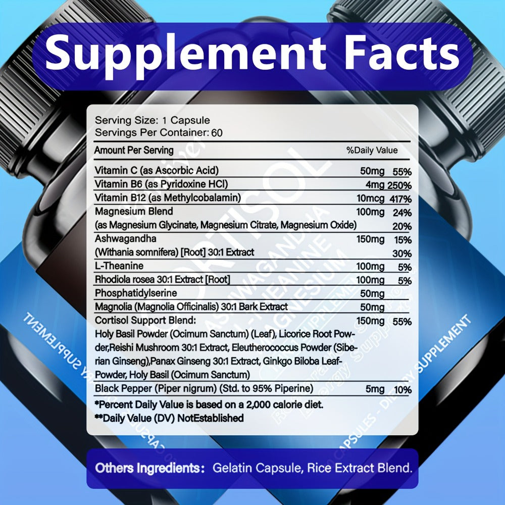 Rhodiola Ashwagandha Stress Capsules with L-Theanine & Magnesium, Cortisol Balance, Deep Sleep & Mood Support Supplement for Women & Men