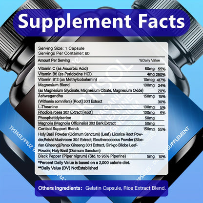 Rhodiola Ashwagandha Stress Capsules with L-Theanine & Magnesium, Cortisol Balance, Deep Sleep & Mood Support Supplement for Women & Men