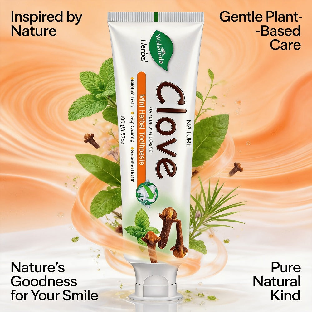 100g Mint and Clove Herbal Toothpaste Tube with Flip-Top Cap, Front-Label Ingredients and One-Piece Pack