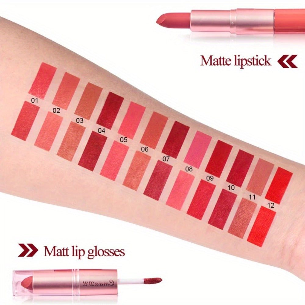 Dual-Ended Matte Lipstick & Lip Gloss Set 4pcs, 2-in-1 Velvety Lip Color, Non-Drying Comfortable Formula