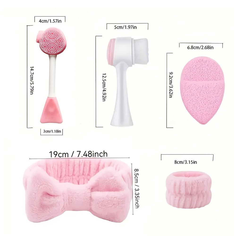 Face Cleansing Brush Set 7pcs Spa Skincare Kit – Mask Brush Scrub Brush Detailing Brush Velvet Headband & Wash Bag