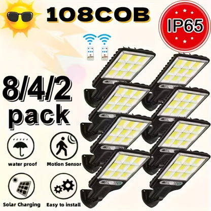 Solar Motion Sensor Security Wall Light 108COB LED, Outdoor Solar Powered Street Light with Remote Control & 3 Modes