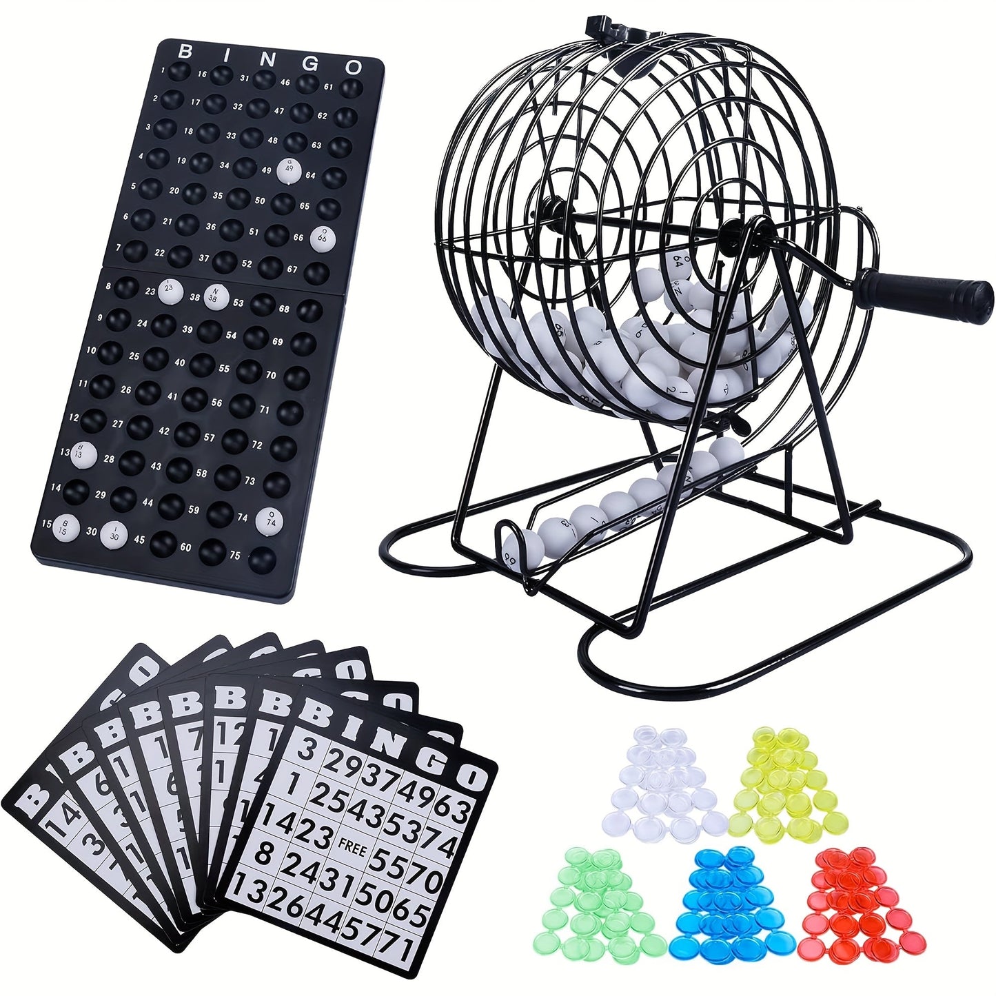 Deluxe Bingo Game Set with Stainless Steel Metal Cage | Includes Bingo Balls Cards & Colorful Chips | Classic Family Board Game for Game