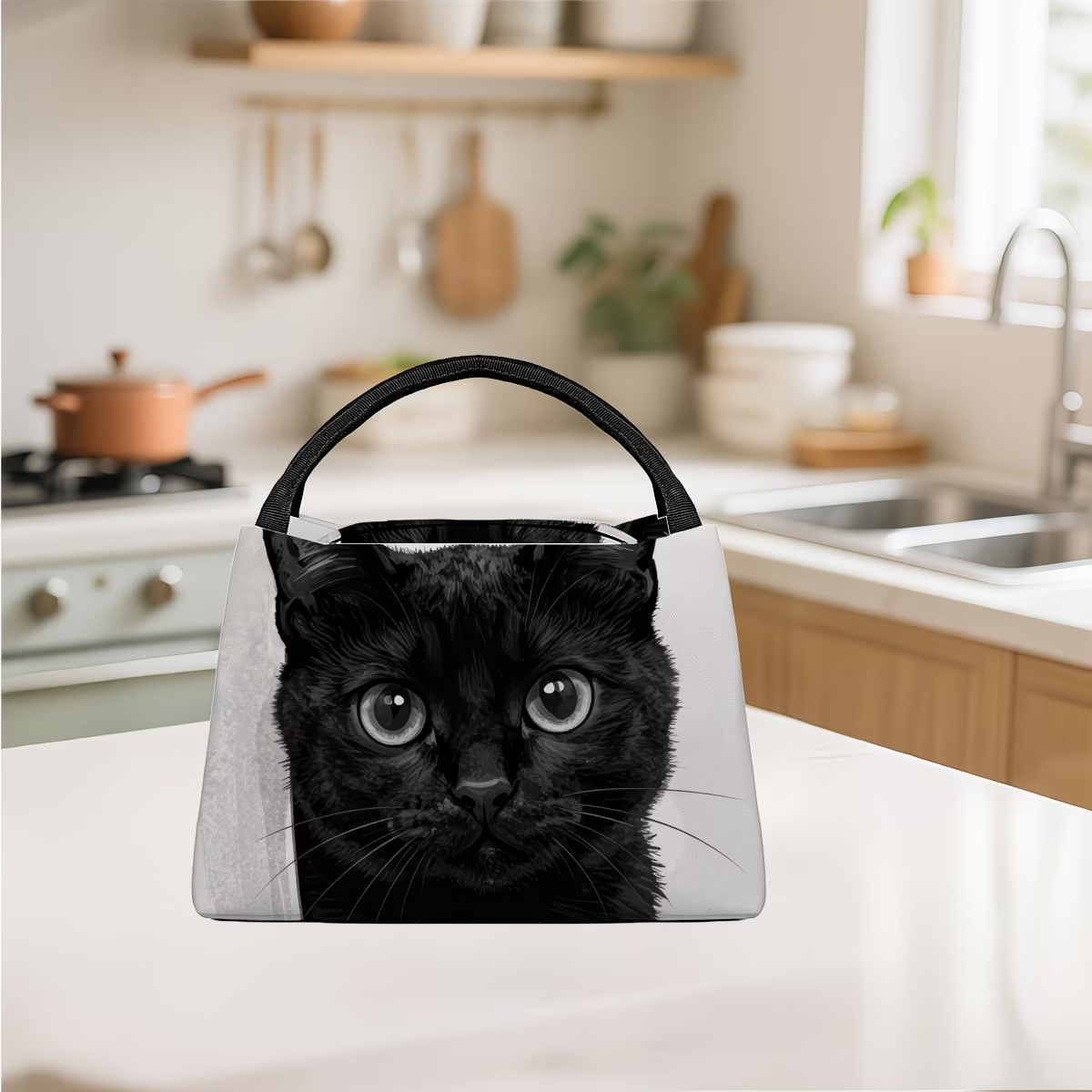 Black Cat Pattern Insulated Cooler Bag – Reusable Thermal Lunch Tote 11x6.3x6.7", Polyester, Keeps Food Hot & Cold, Portable for Picnic