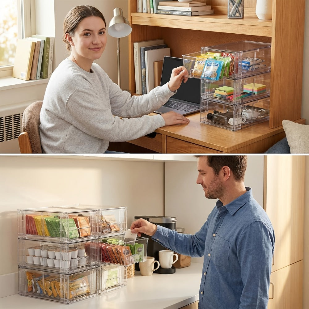 Clear Acrylic Storage Drawers with Handles – Stackable Refrigerator and Pantry Organizer Bins for Snacks Fruits and Vegetables