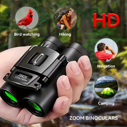 Compact 10x25 Pocket Binoculars with Smartphone Adapter, Center Focus and Folding Body in Black