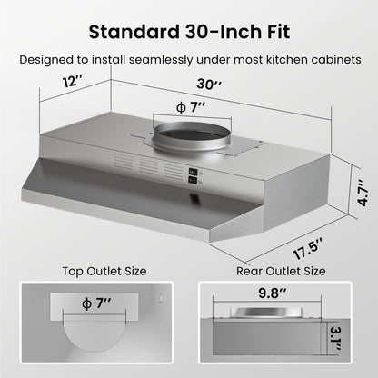 Range Hood 30 Inch Under Cabinet 350 CFM Ducted Ductless Convertible Kitchen Vent Hood for Home Cooking, Dining and Outdoor Meals