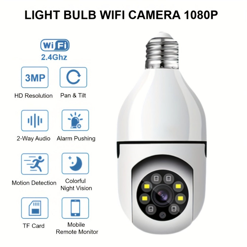 E27 Bulb Camera 360° Pan & Tilt 3MP 1080P, Full-Color Night Vision, Two-Way Audio, Motion Detection