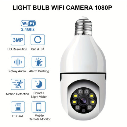 E27 Bulb Camera 360° Pan & Tilt 3MP 1080P, Full-Color Night Vision, Two-Way Audio, Motion Detection