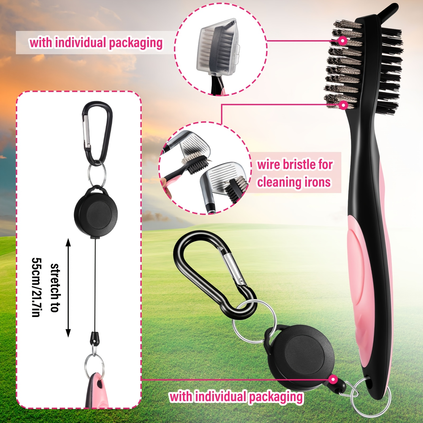 12-Piece Pink Golf Accessory Set with Towel, Eight Tees, Brush, Retractable Clip and Divot Tool with Ball Marker
