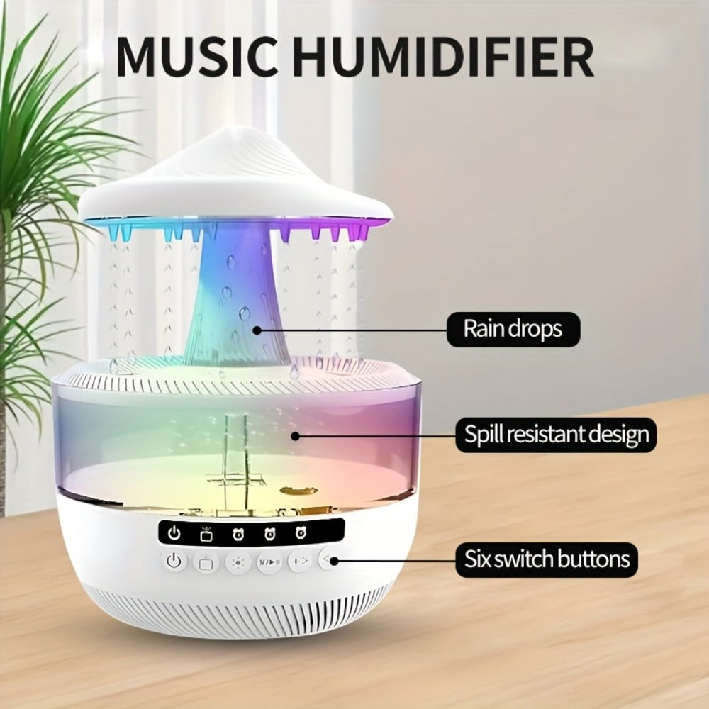 Cool Mist Humidifier with 7-Color Night Light Raindrop Music Design Dual Mist Output 26dB Ultra-Quiet 24H Operation Visible Water Level