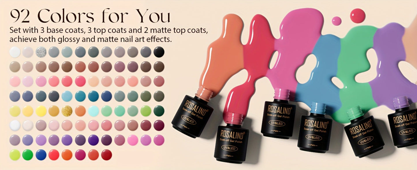 Gel Nail Polish Set with ROSALIND Label, 92 Colors Plus 8 Base and Top Products, 100 Pieces