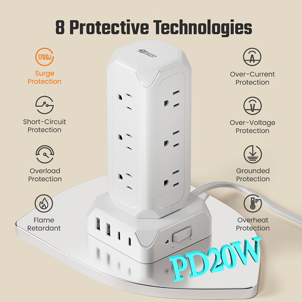 Power Strip Tower 16-in-1 Surge Protector 12 AC Outlets 4 USB Ports USB-C PD20W 1800J Protection for an Everyday Personal Care Routine