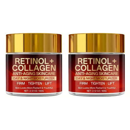 Two-Jar Day and Night Face Moisturizer Set with Retinol + Collagen Package Label and 60 g Jars