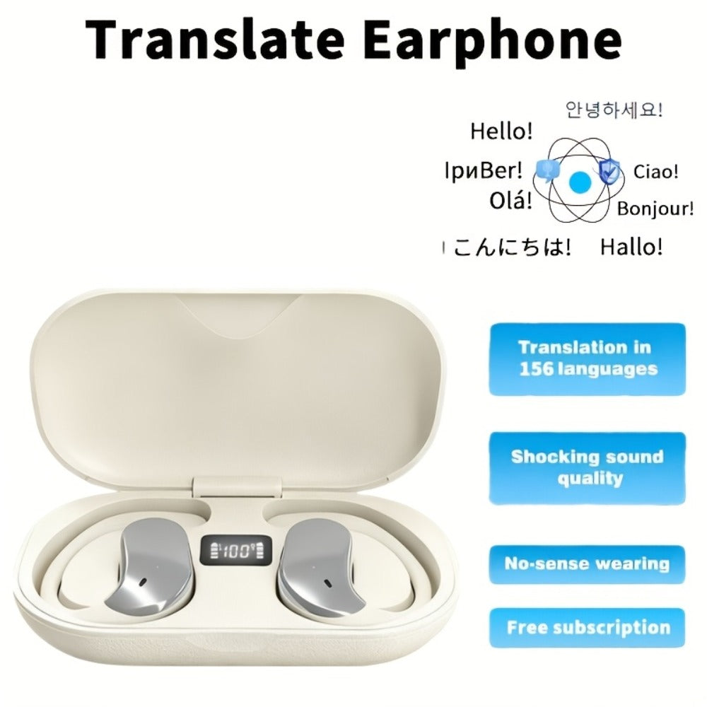 Open-Ear Translation Earphones with Oval Charging Case in Black, Orange or Light Beige Options