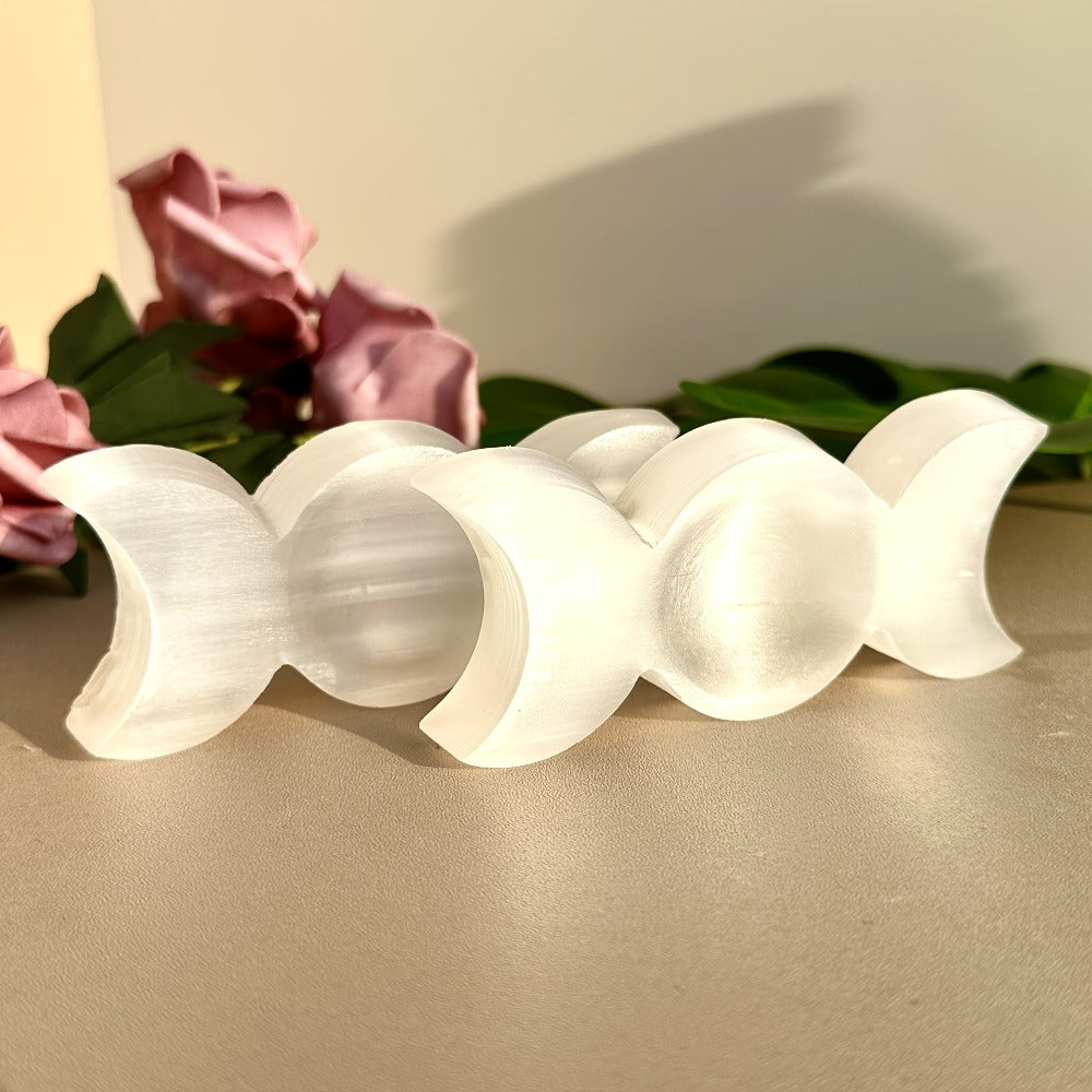 Natural Selenite Triple Charging Dish Crystal Charging Plate for Crystals and Stones for Entryways, Bedrooms and Living Spaces
