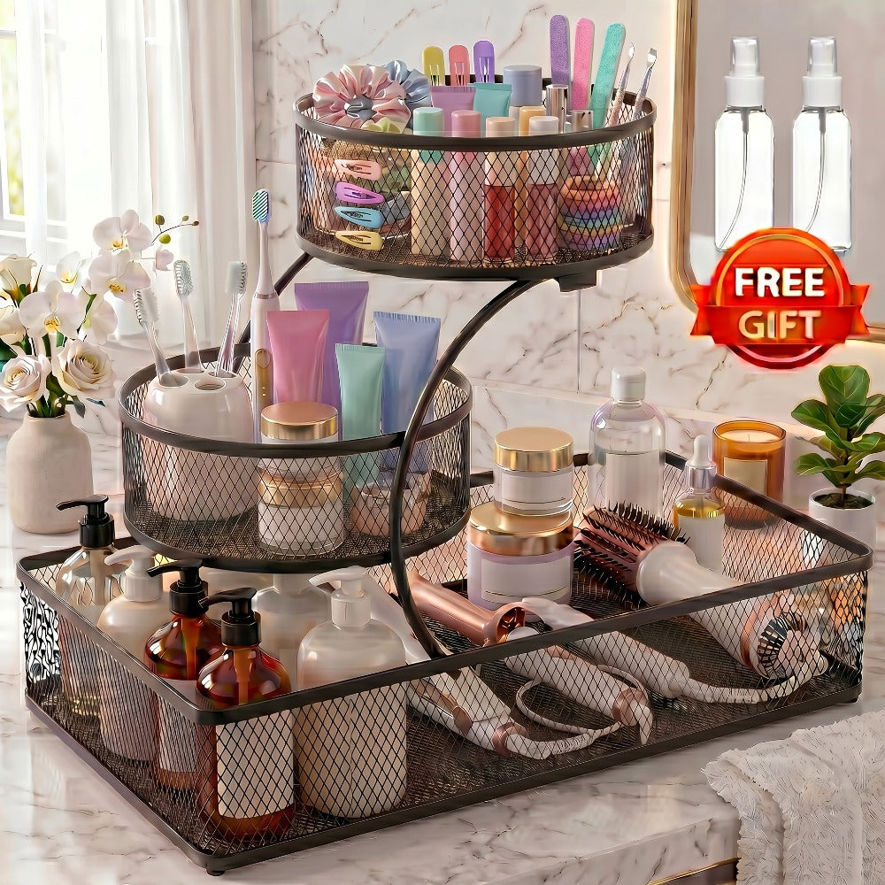 Three-Tier Metal Mesh Countertop Organizer with Black or White Finish and Optional Hooks or Spray Bottles