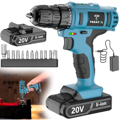 20V Cordless Drill Set Impact Power Drill 3/8 Inch Keyless Chuck 18+3 Clutch 45Nm Max Torque for Entryways, Bedrooms and Living Spaces
