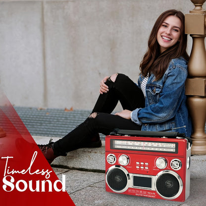 Solar Powered Bluetooth Radio Retro Portable AM FM SW with LED Flashlight, TF SD USB AUX MP3 Playback
