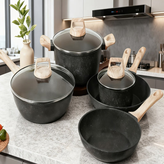 Black or White Nonstick Cookware Set with Frying Pans, Lidded Pots and Wood-Look Handles for Home Kitchens