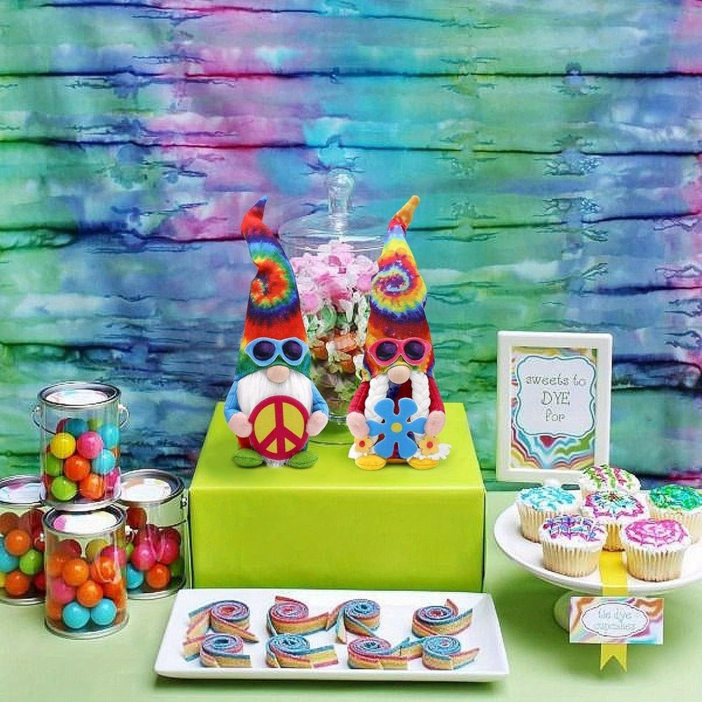Hippie Gnomes Decorations 2 Pack – Groovy Tie Dye Tomte Figurines with Peace Sign & Fashion Glasses, 13.5" Swedish Gnome Shelf Sitters
