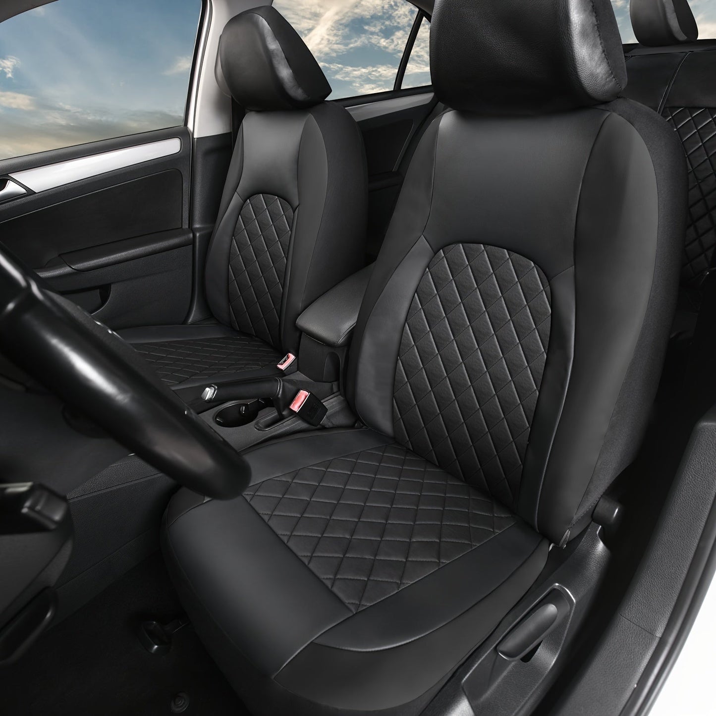 Five-Seat Quilted Car Seat Cover Set with Headrest Pieces in Black, Gray and Blue-Trim Color Options