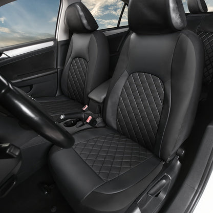 Five-Seat Quilted Car Seat Cover Set with Headrest Pieces in Black, Gray and Blue-Trim Color Options