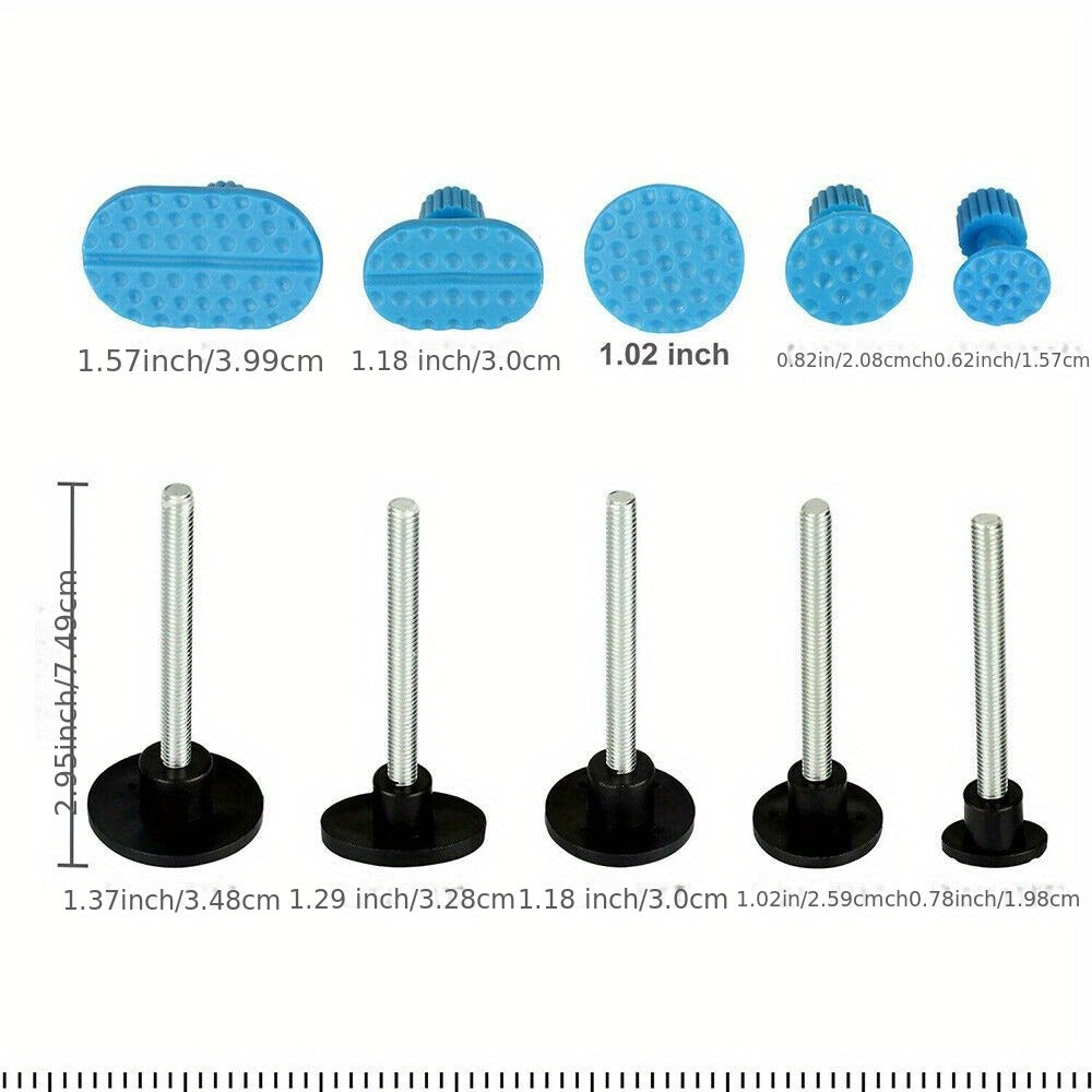 Thirteen-Piece Bridge-Style Dent Puller Set with Suction Feet, Puller Tabs and Two Scraper Tools