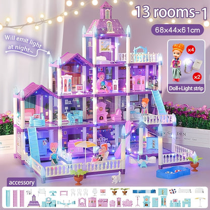 LED Dollhouse Playset for Girls, Purple Multi-Room Playhouse with Doll Figures, Puppies, Furniture & LED Lighting