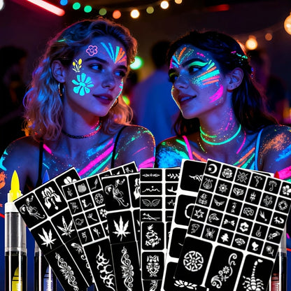 Face Body Paint Pen Set 8 Colors with 105 Tattoo Stencils, Glow in the Dark Neon UV Blacklight Face Paint