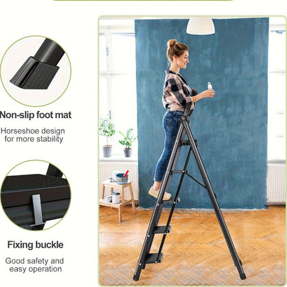 Folding Step Ladder 3 / 4 / 5 Step with Anti-Slip Pedal & Tool Tray, Portable Steel Step Stool for Adults