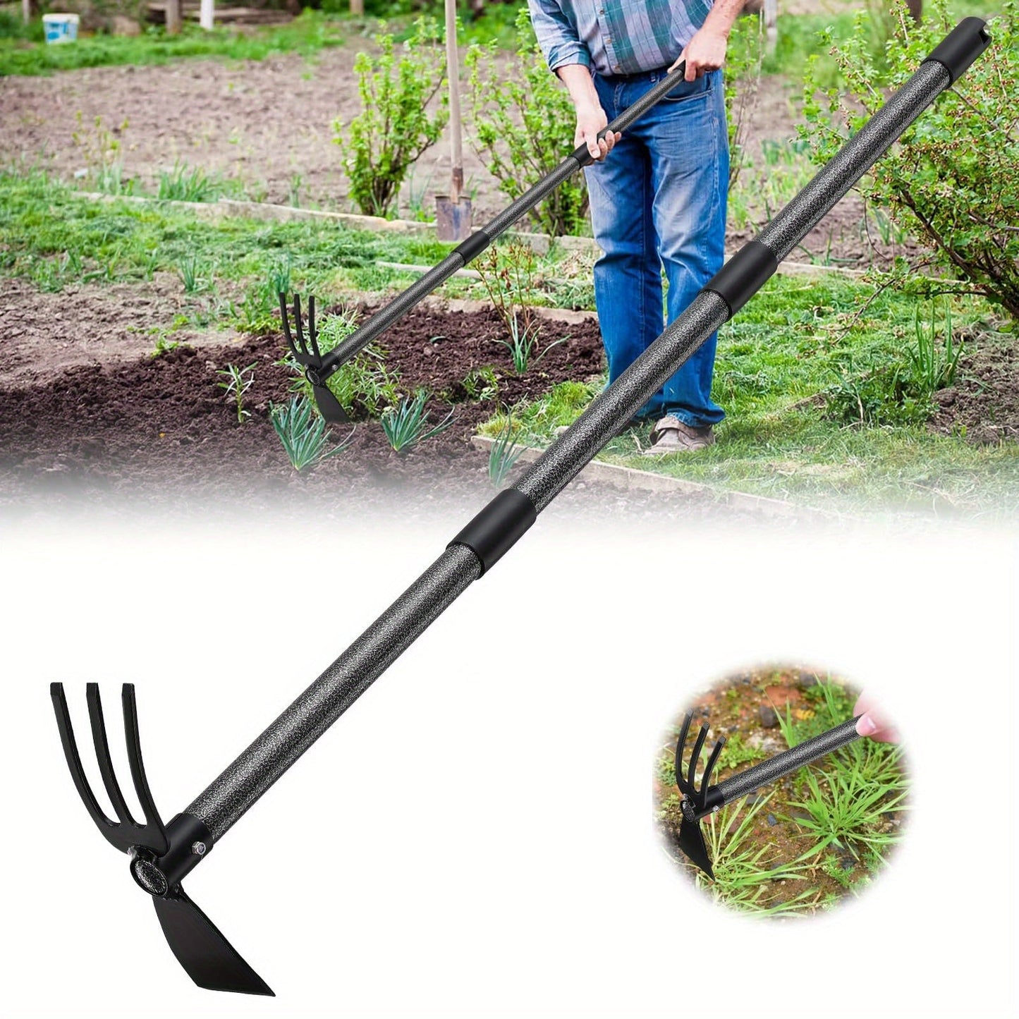60-Inch Garden Hand Tool with Double-Ended Flat Hoe, Three-Prong Cultivator and Sectional Handle