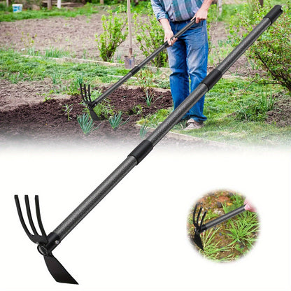 60-Inch Garden Hand Tool with Double-Ended Flat Hoe, Three-Prong Cultivator and Sectional Handle
