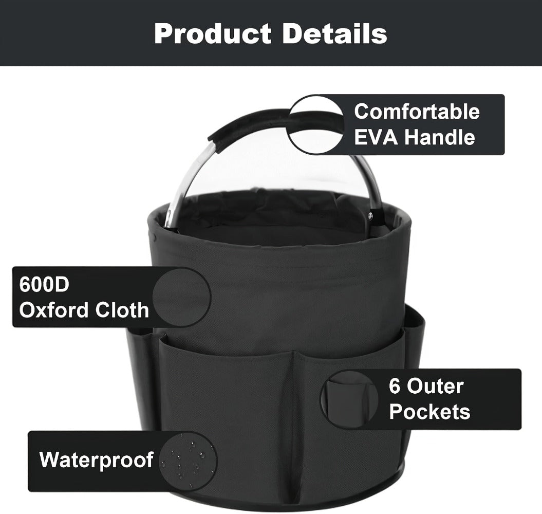 Foldable Cleaning Caddy Organizer 17L with Handle – Portable Collapsible Bucket Bag with 6 Pockets for Cleaning Supplies