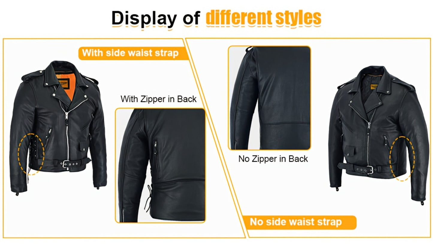 Motorcycle Leather Jacket Men – Heavy Duty Cowhide, Classic Black, Multiple Pockets, Adjustable Laces, Sizes S–XXXXL