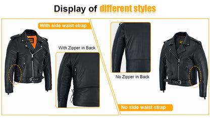 Motorcycle Leather Jacket Men – Heavy Duty Cowhide, Classic Black, Multiple Pockets, Adjustable Laces, Sizes S–XXXXL