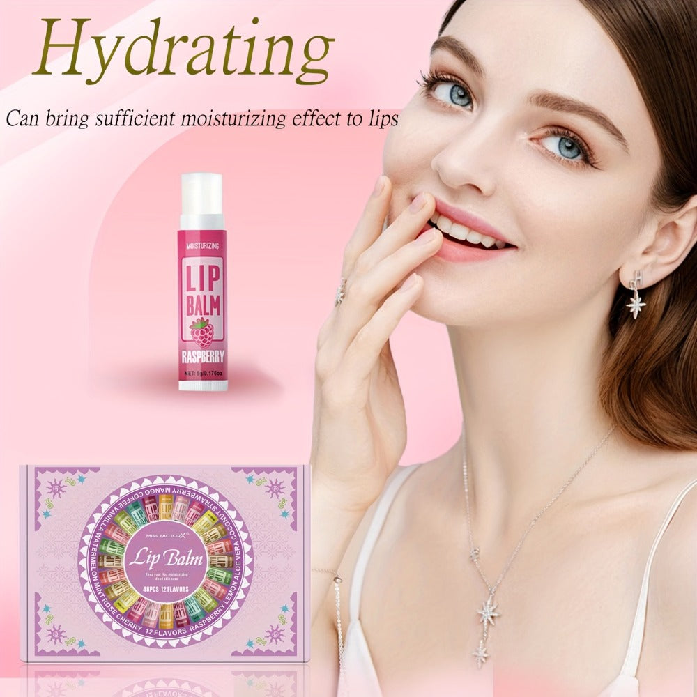 Lip Balm Gift Set 48pcs MISS FACTORX – Moisturizing Glycerin Lip Butter, Hypoallergenic Natural Finish for All Skin Types