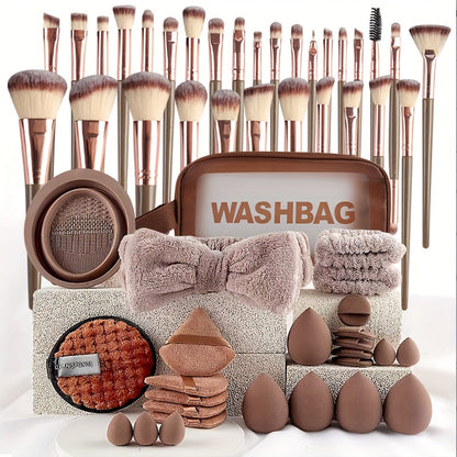 Makeup Brush Set, 56-Piece Polyester Bristle Collection with Wood Handles in Beige, Pink or Brown Color Options