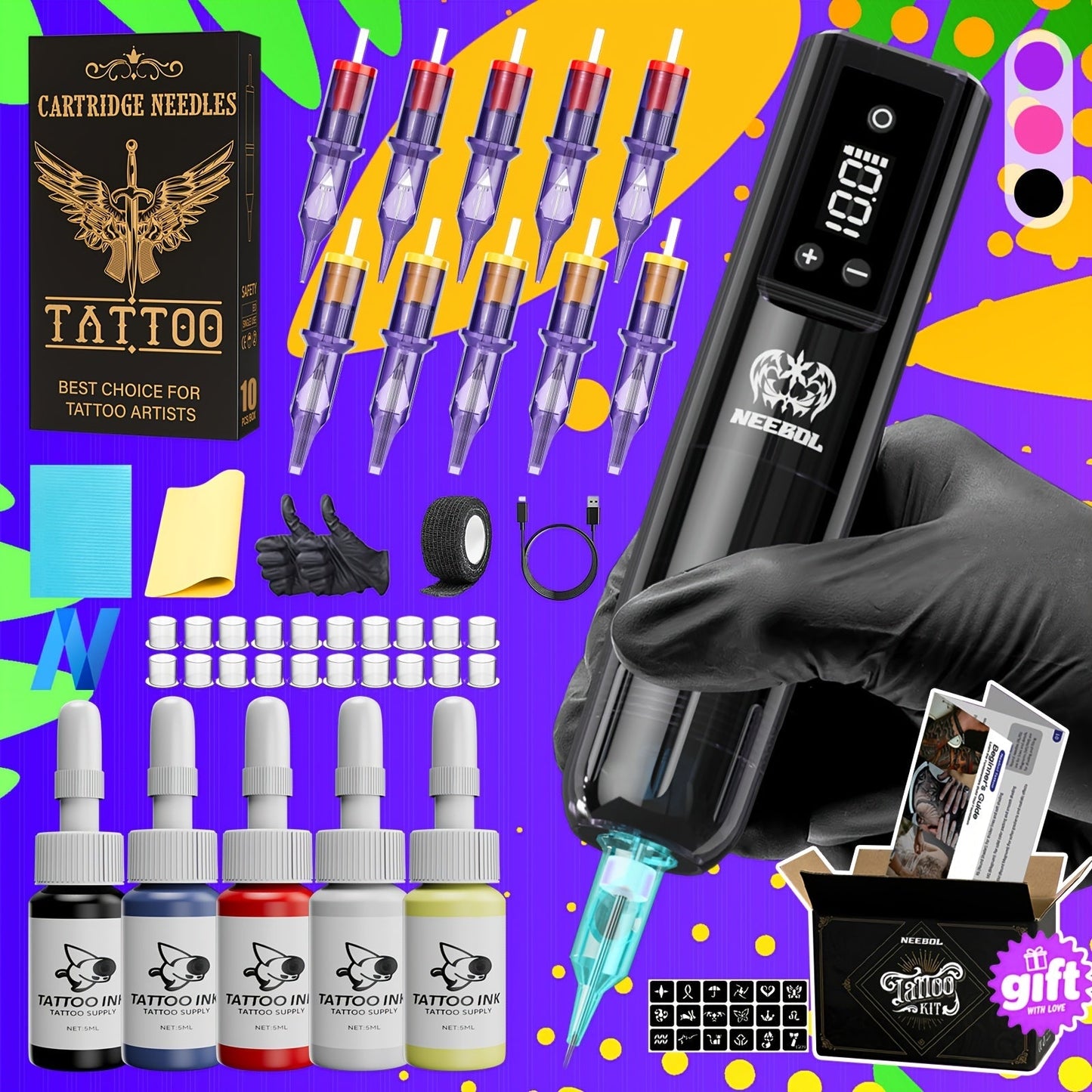 Cordless Rotary Tattoo Machine Kit Complete Set with Screen Display 6-8Hr Battery 20 Needles 7 Inks
