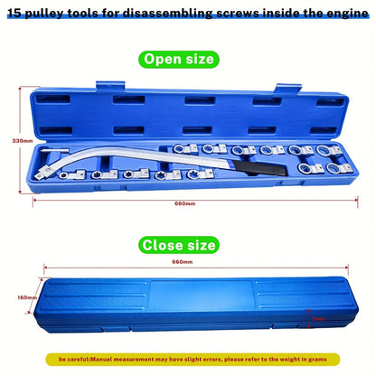 Belt Tensioner Pulley Removal Tool Kit 15-Piece – Auxiliary Engine Belt Removal Set with Multi-Size Adapters & Carrying Case