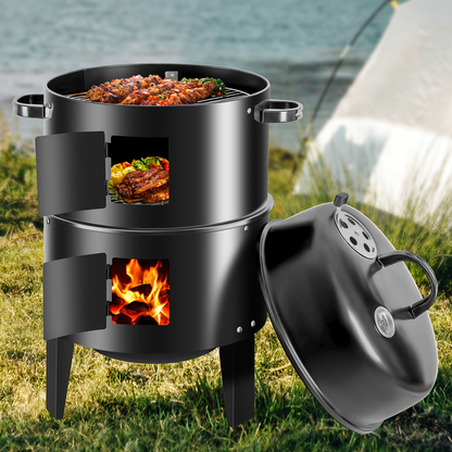 Charcoal Smoker Grill 16 Inch Vertical 3-Tier with Easy Temperature Control for Grilling, Camping and Outdoor Meals