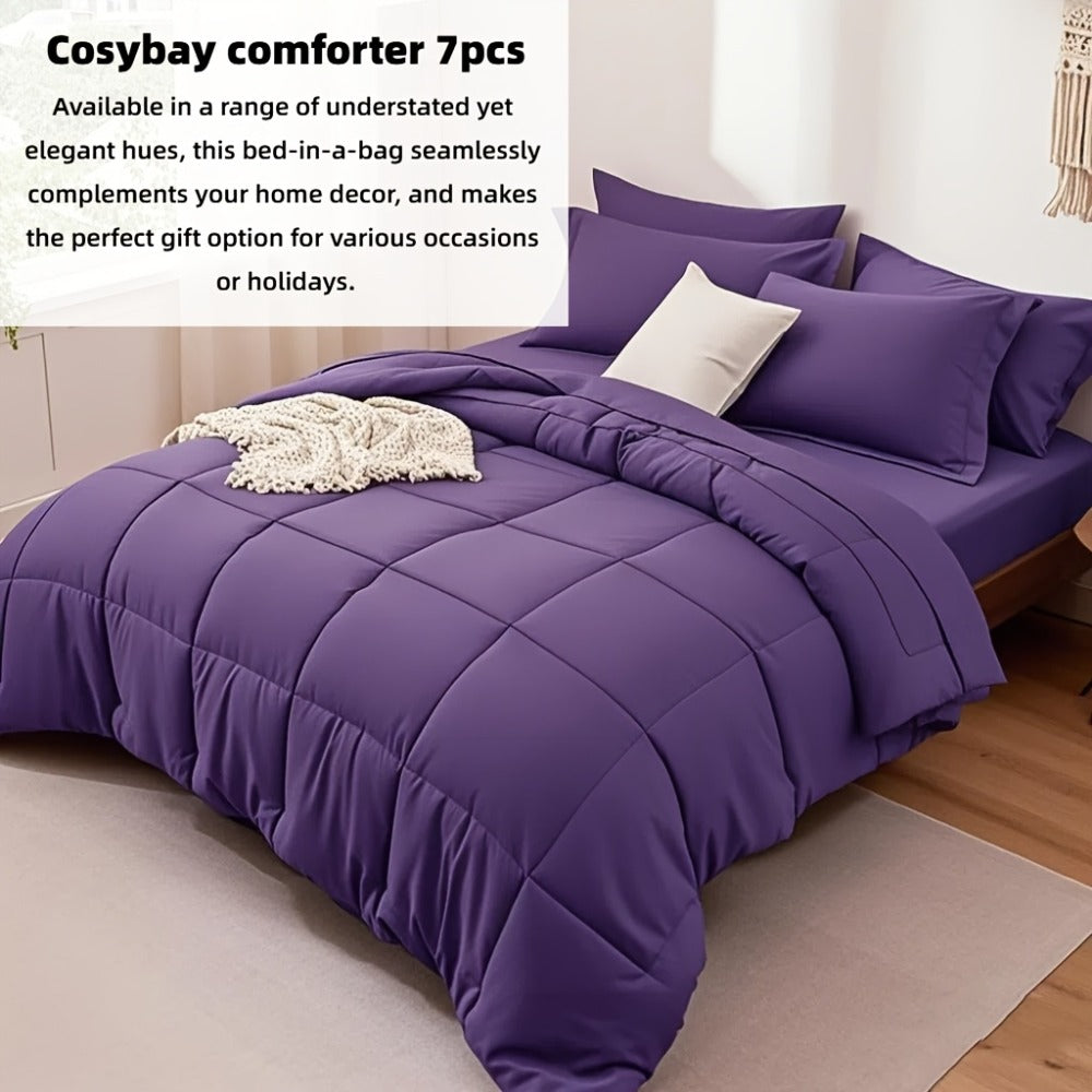 Comforter Set 7-Piece Bed in a Bag Queen King Full Soft Microfiber Down Alternative Comforter Fitted Sheet Flat Sheet Pillow Shams